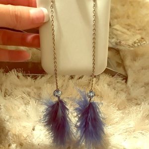 Blue feather long earrings